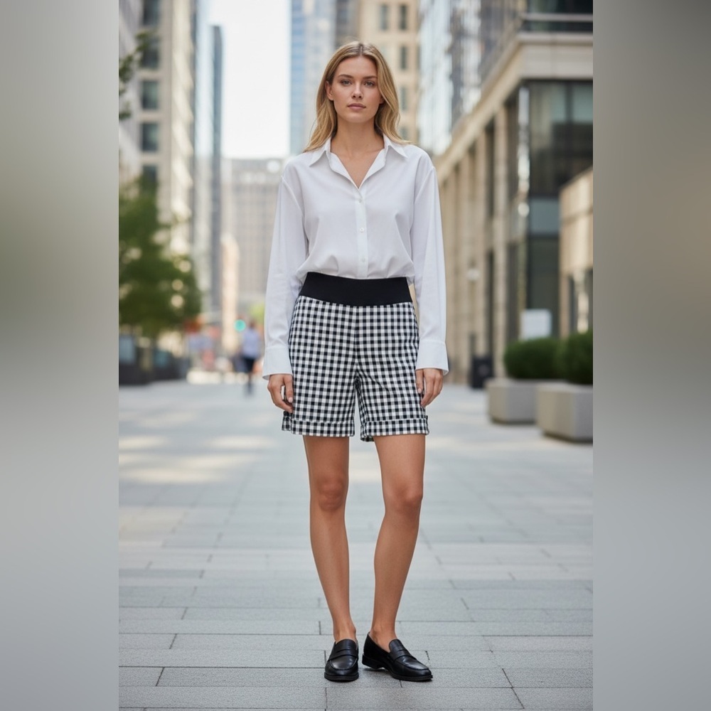NEW, Nygard Slims, Black White Gingham Pull-On Shorts Elastic Waist, Size M
